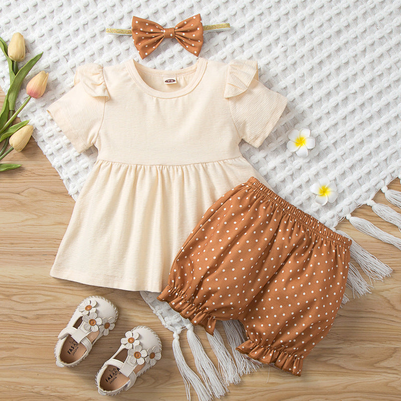 6-24M Baby Girls Clothes Sets Top & Polka Dots Shorts & Headband Wholesale Baby Clothing - PrettyKid