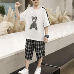 Boy Bear Pattern T-shirt & Loose Plaid Capri Pants - PrettyKid