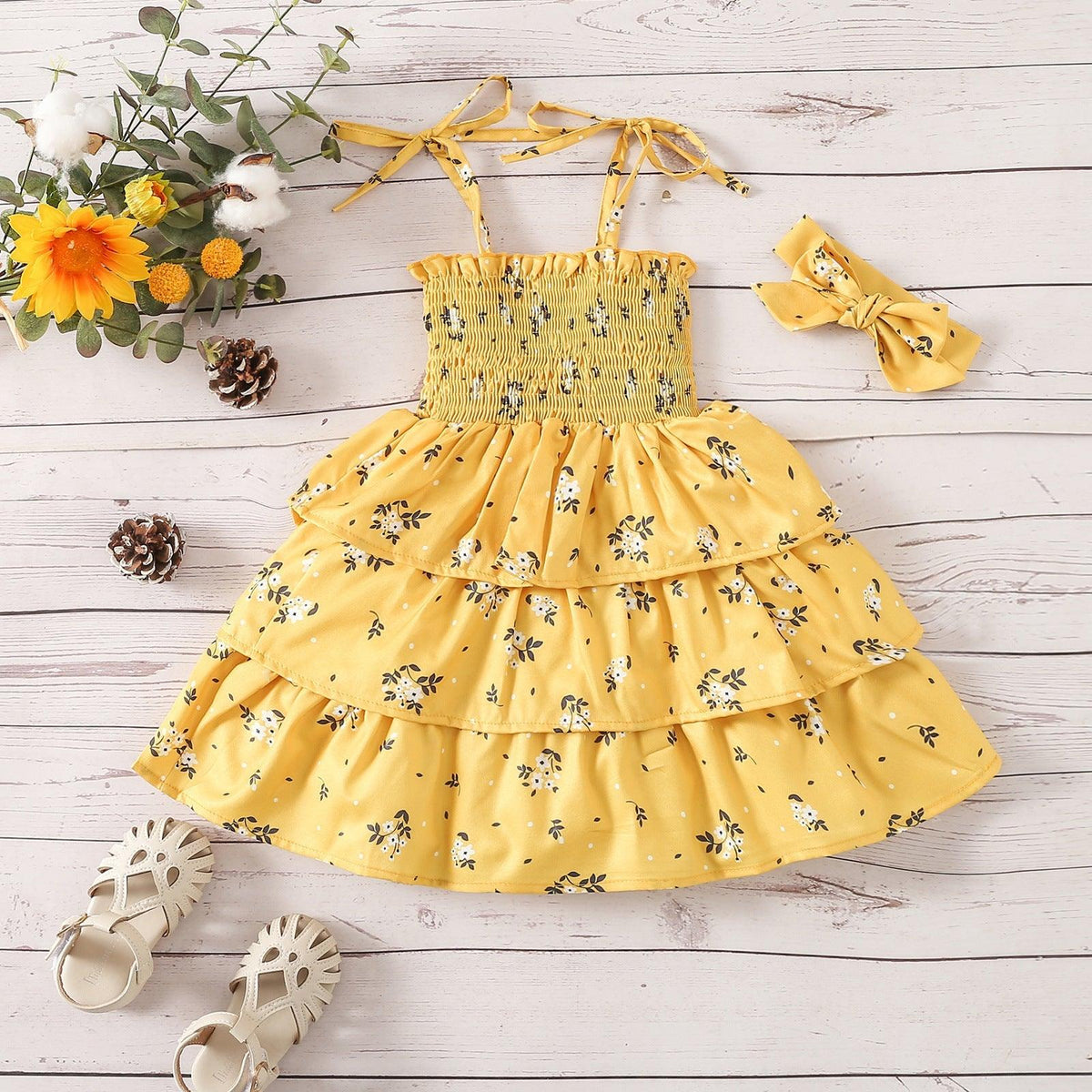 9months-5years Toddler Girl Dresses Children's Clothing Two-Piece Set Girls New Floral Suspender Dress & Headband - PrettyKid