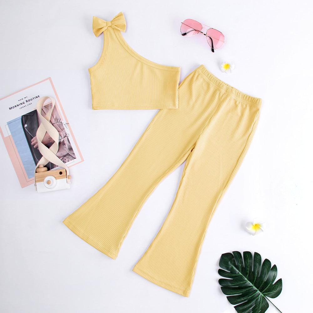 18M-6Y Toddler Girls Sets Solid Color Ribbed One Shoulder Tops & Flared Pants Wholesale Little Girl Clothing