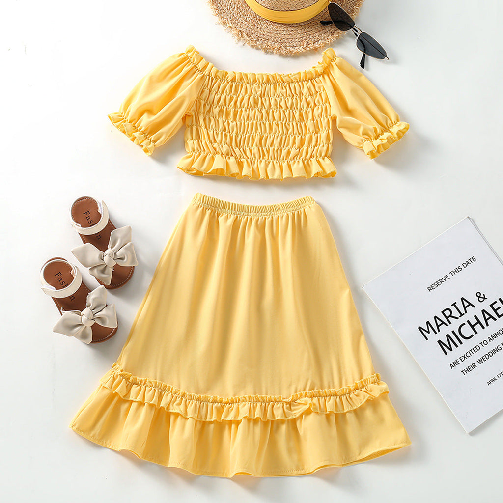 2-7Y Yellow Off-Shoulder Smocked Tops & Skirts Toddler Girls Outfits Sets - PrettyKid