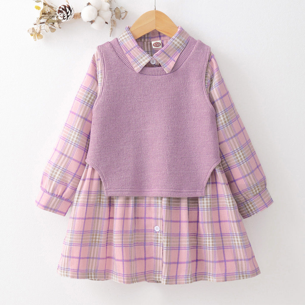Wholesale Kids Girls Cotton Plaid Vest Dress Set in Bulk - PrettyKid