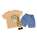 Grow Boy Lovely Giraffe Color Stripes Top & Denim Shorts - PrettyKid