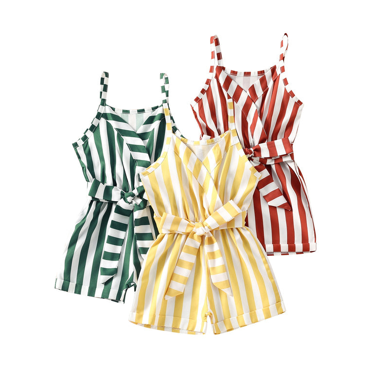 18M-6Y Toddler Girls Striped Cami Belted Romper Wholesale Girls Fashion Clothes - PrettyKid