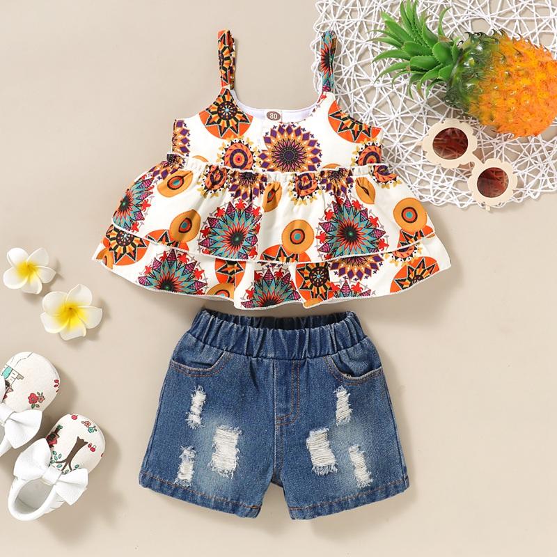 Toddler Girl Tropical Cami Top & Denim Shorts - PrettyKid