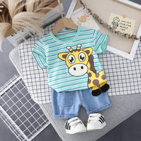 Grow Boy Lovely Giraffe Color Stripes Top & Denim Shorts - PrettyKid