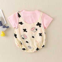 Baby Cartoon Cow Pattern Shoulder Strap Decor Bodysuit - PrettyKid