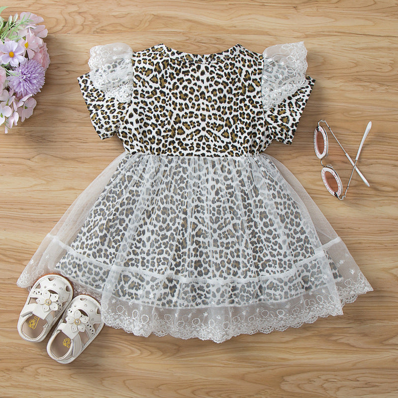 6months-3years Baby Girl Casual Dresses Cute Leopard Print Lace Stitching Short Sleeves Wholesale Baby Clothes In Bulk - PrettyKid