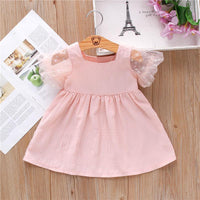 Toddler Girl Pink Mesh Puff Sleeve Jacquard Fabric Dress Children's Clothing - PrettyKid