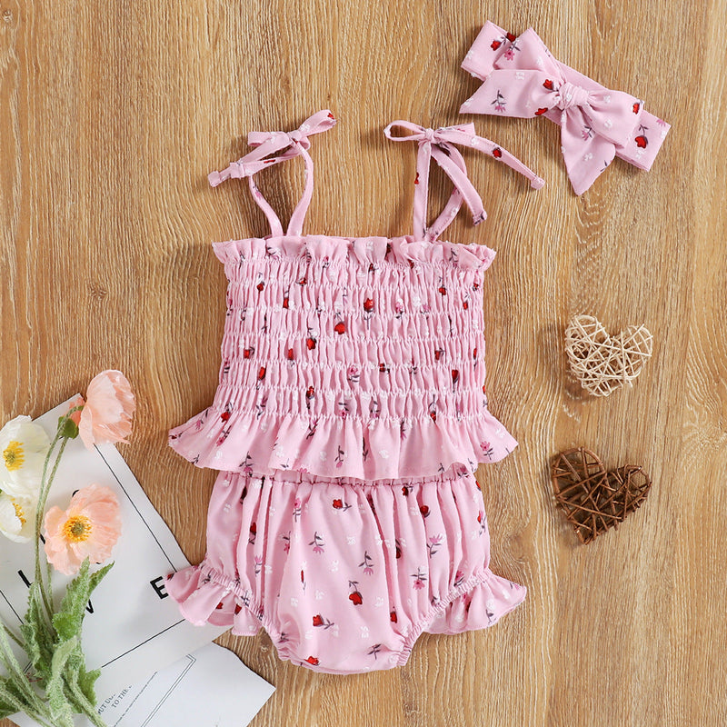 3-18M Baby Girls Sets Floral Smocked Cami Top & Shorts & Headband Wholesale Baby Boutique Clothing - PrettyKid