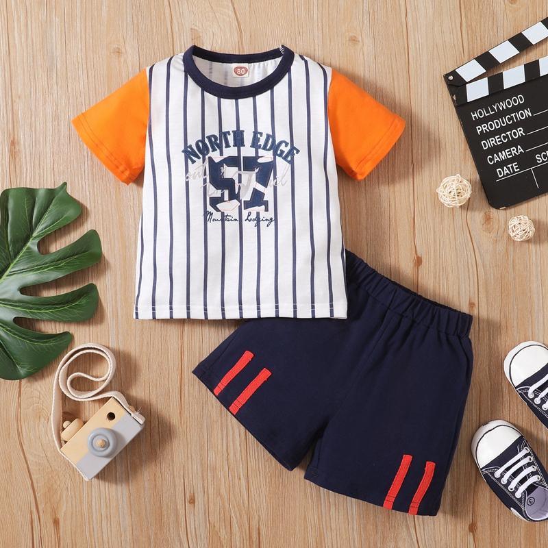 Toddler Boy Letter Print Striped T-shirt & Shorts - PrettyKid