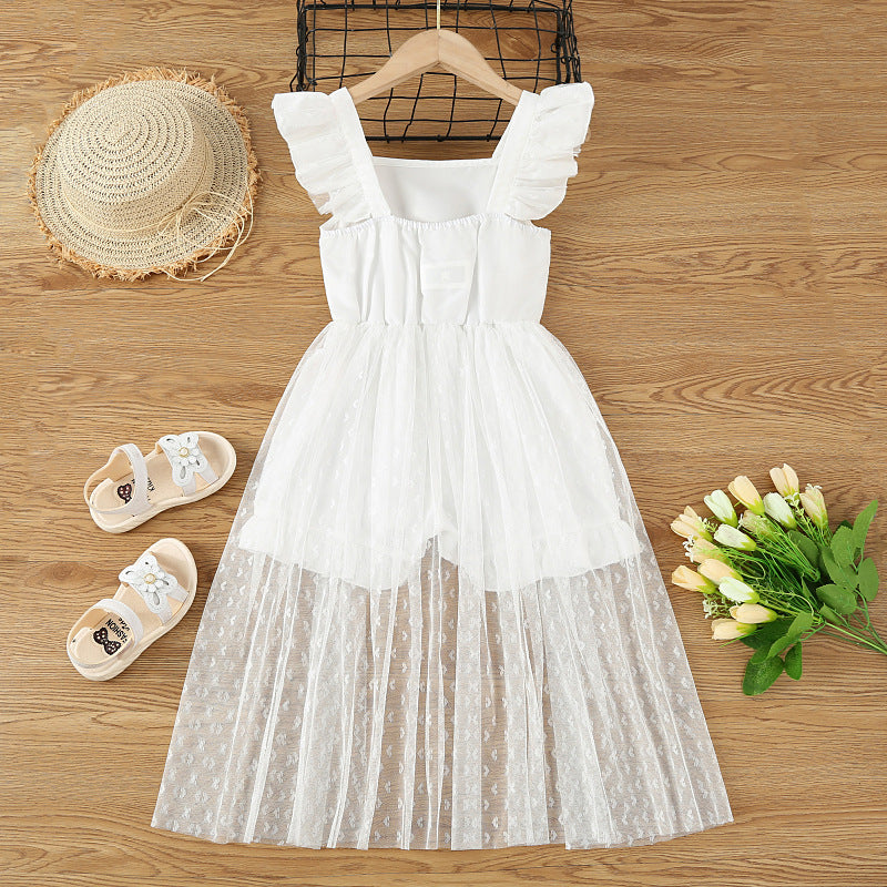 3-7Y Toddler Girls White Flutter Sleeve Lace-Paneled Jumpsuit Girl Wholesale Boutique Clothing - PrettyKid