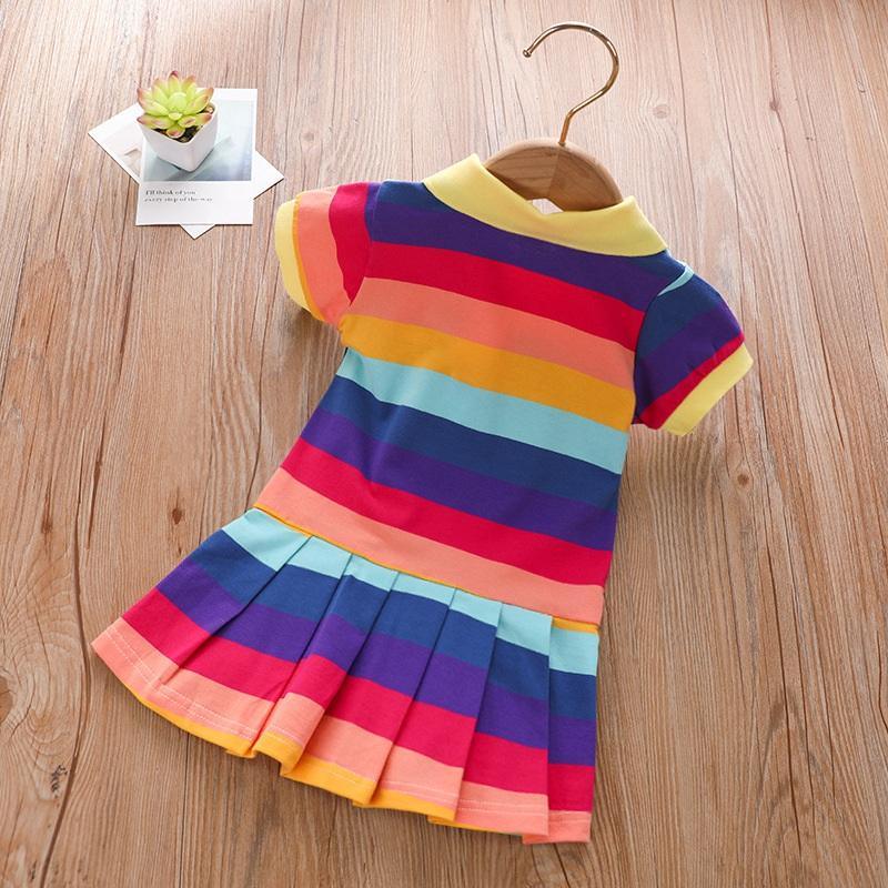 Toddler Girl Polo Collar Rainbow Dress Children's Clothing - PrettyKid