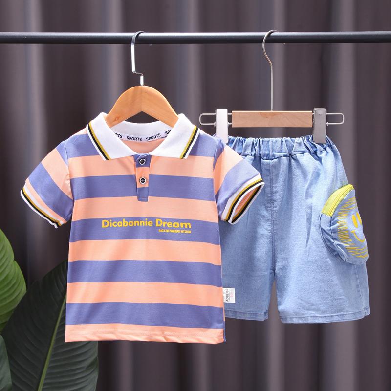 Toddler Boy Letter Print Striped POLO Shirt & Pocket Shorts - PrettyKid