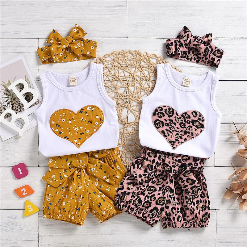 3-piece Heart-shaped Pattern Vest & Floral Printed Pants & Headband for Baby Girl - PrettyKid