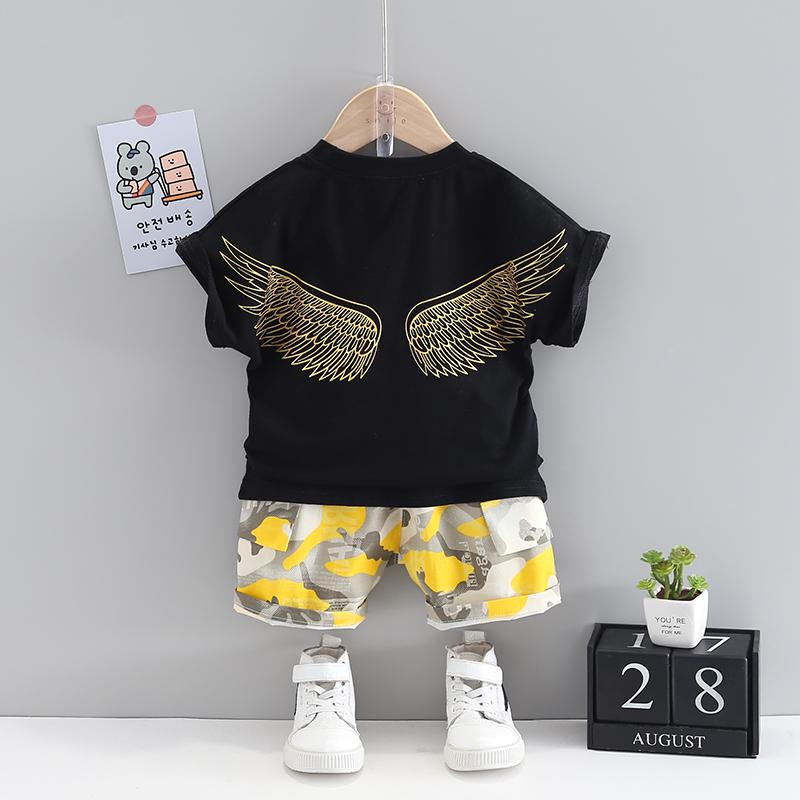 Grow Boy Letter Print Top & Camouflage Shorts - PrettyKid