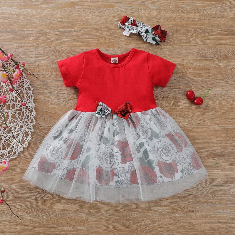 Baby Girl Bow Decor Tulle Hem Floral Dress & Headband - PrettyKid