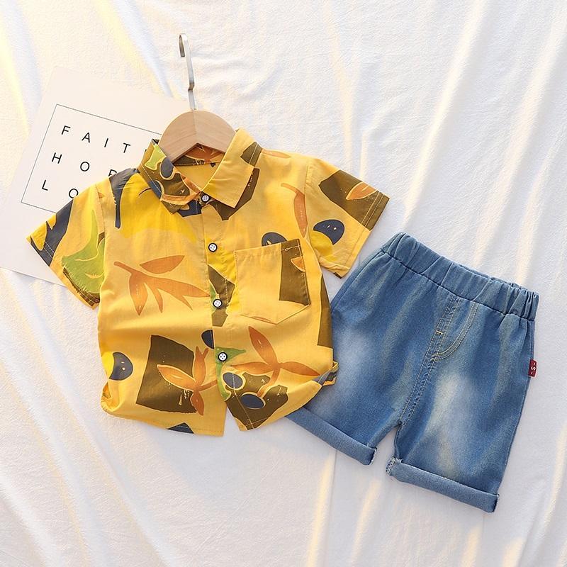 Toddler Boy Leaf Print Shirt & Denim Shorts - PrettyKid