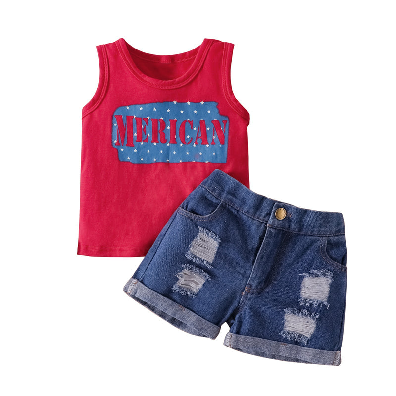 3M-3Y Baby Boys Sets Letter Tank Top & Ripped Denim Shorts Bulk Baby Clothes Wholesale - PrettyKid