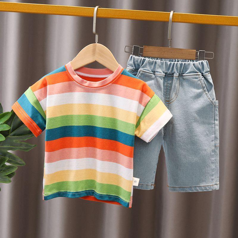 Children Boy 2pcs Color Stripes T-shirt & Shorts - PrettyKid