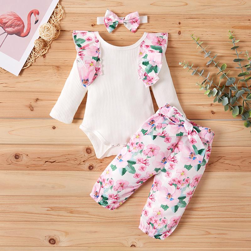 3-piece Floral Printed Ruffle Bodysuit with Headband & Pants for Baby Girl Wholesale children's clothing - PrettyKid