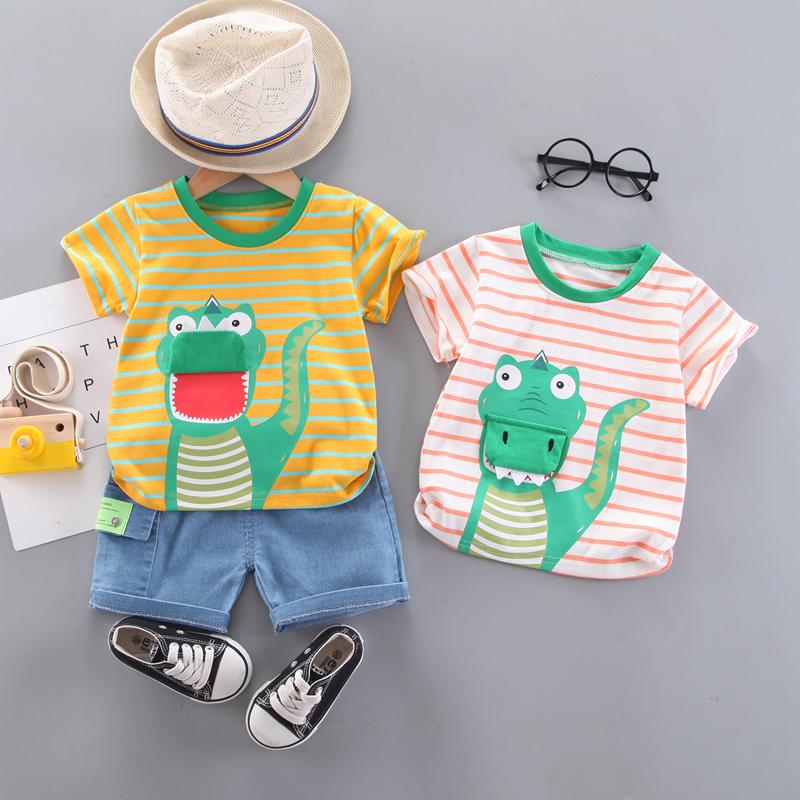 Toddler Boy Dinosaur Pattern Color Stripes Top & Denim Shorts - PrettyKid