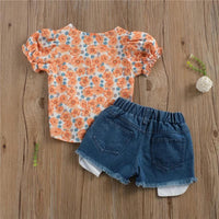 Toddler Girl Floral Pattern Summer Suit Small Chrysanthemum Short Sleeve & Denim Shorts Children's Clothing - PrettyKid