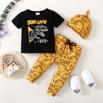 Baby Boy Dinosaur Print T-Shirt And Lace-Up Pants With Hat Baby Outfit Sets - PrettyKid