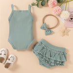 3-18M Baby Girls Outfits Sets Ribbed Solid Color Ruffle Cami Bodysuit & Shorts & Headband Wholesale Baby Clothing - PrettyKid