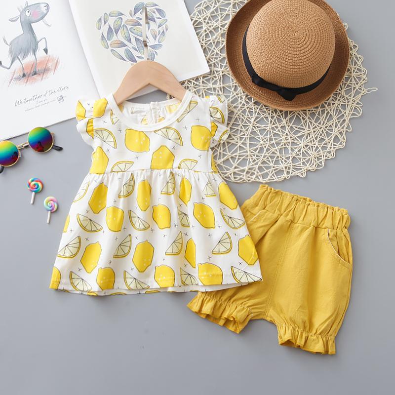 Toddler Girl Lemon Print Ruffle Armhole Top & Shorts - PrettyKid