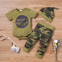 3-Piece Short-Sleeve Letter Print Bodysuit, Camouflage Pants and Hat for Baby Clothing Wholesale - PrettyKid