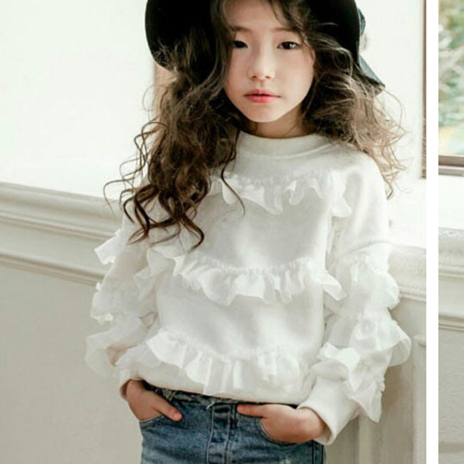 Big Girls Long Sleeve Pure Color Lace Blouse Wholesale Tops For Kids - PrettyKid
