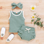 Solid Tank Top and Ruffled Shorts Set with Headband Wholesale children's clothing - PrettyKid