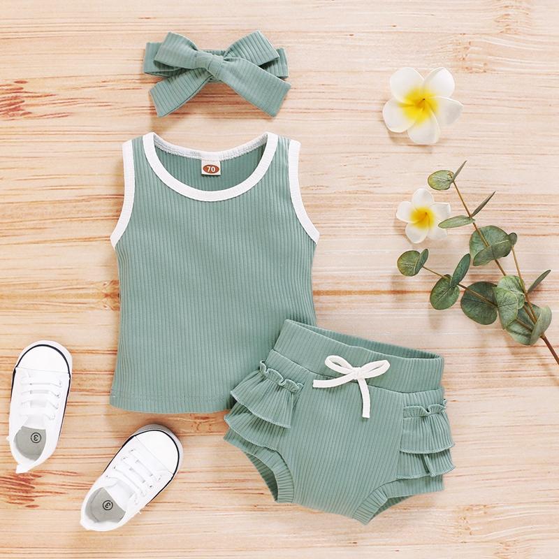 Solid Tank Top and Ruffled Shorts Set with Headband Wholesale children's clothing - PrettyKid