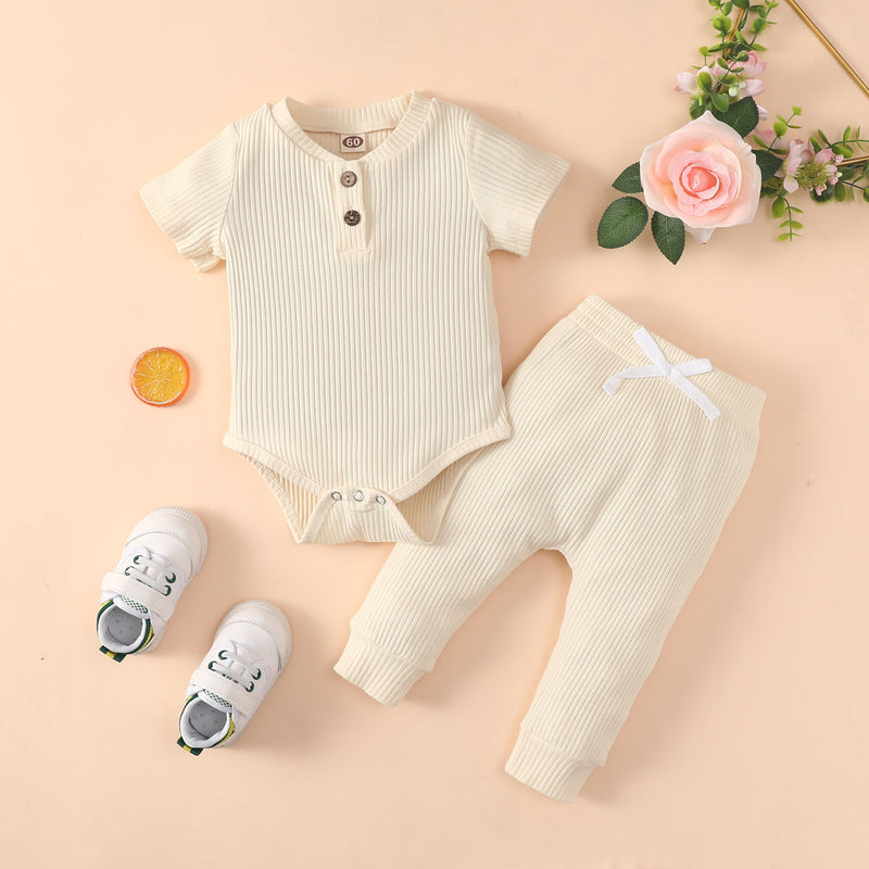 Baby Boy Short-Sleeve Solid Ribbed Bodysuit And Trousers Baby Outfit Sets - PrettyKid