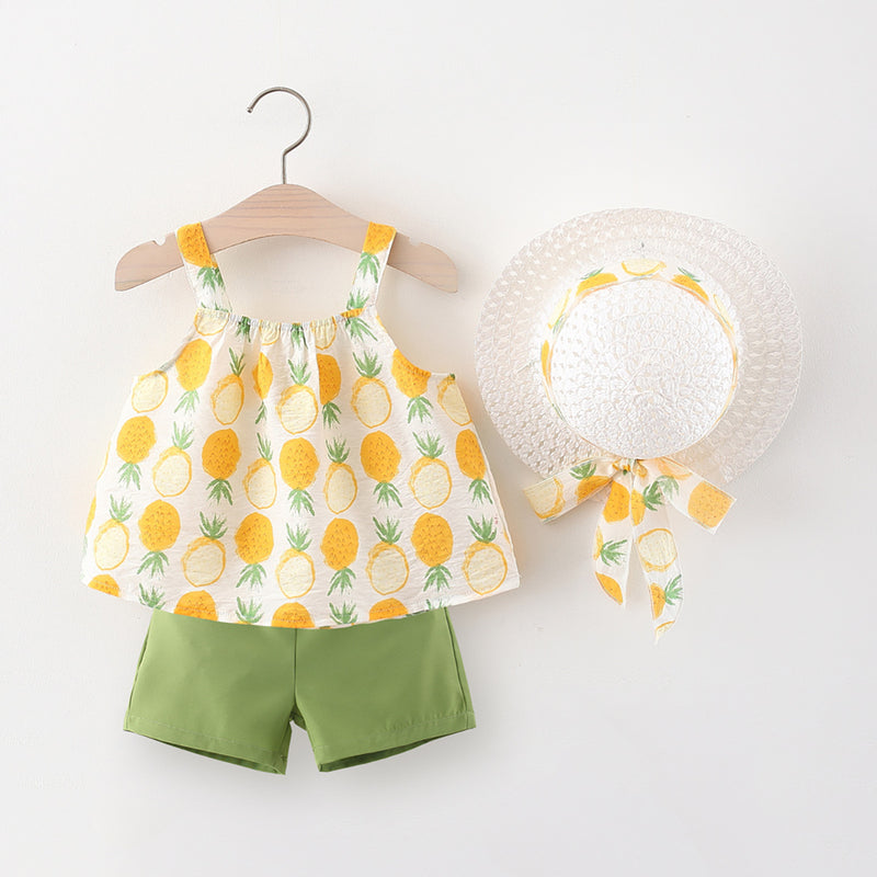 Toddler Pineapple Printed Suspender Blouse & Shorts & Hat in Bulk - PrettyKid
