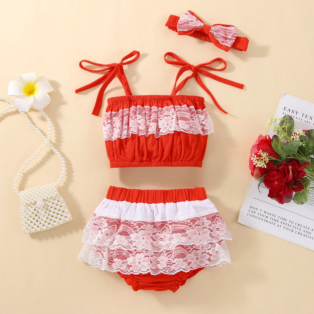 3M-3Y Girls Crop Top Sets Sling Lace Panel Colorblock Headband Wholesale Baby Clothes - PrettyKid