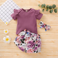 Toddler Girl 3pcs Floral Pattern Summer Suit Cami Top & Shorts & Hesdhand Wholesale Children's Clothing - PrettyKid