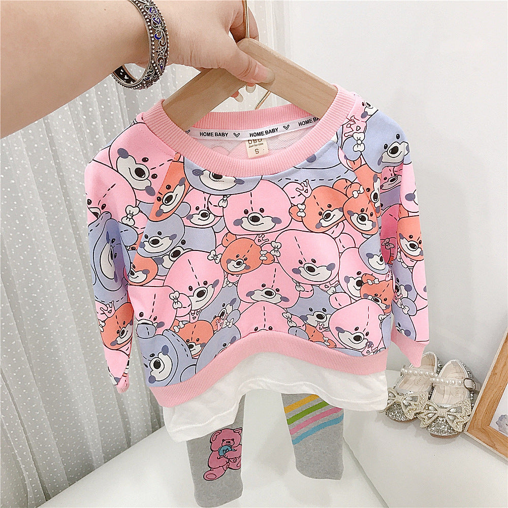 2 Piece Fake Two Bear Print Sweater And Trousers Toddler Girl Sets - PrettyKid