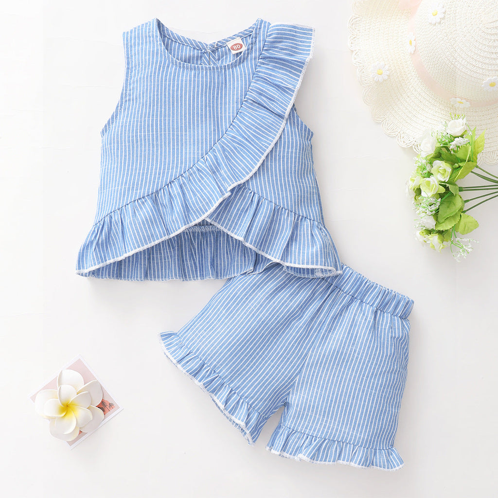 3-24M Baby Girls Outfits Sets Ruffle Trim Striped Tops & Shorts Wholesale Baby Clothes Suppliers - PrettyKid