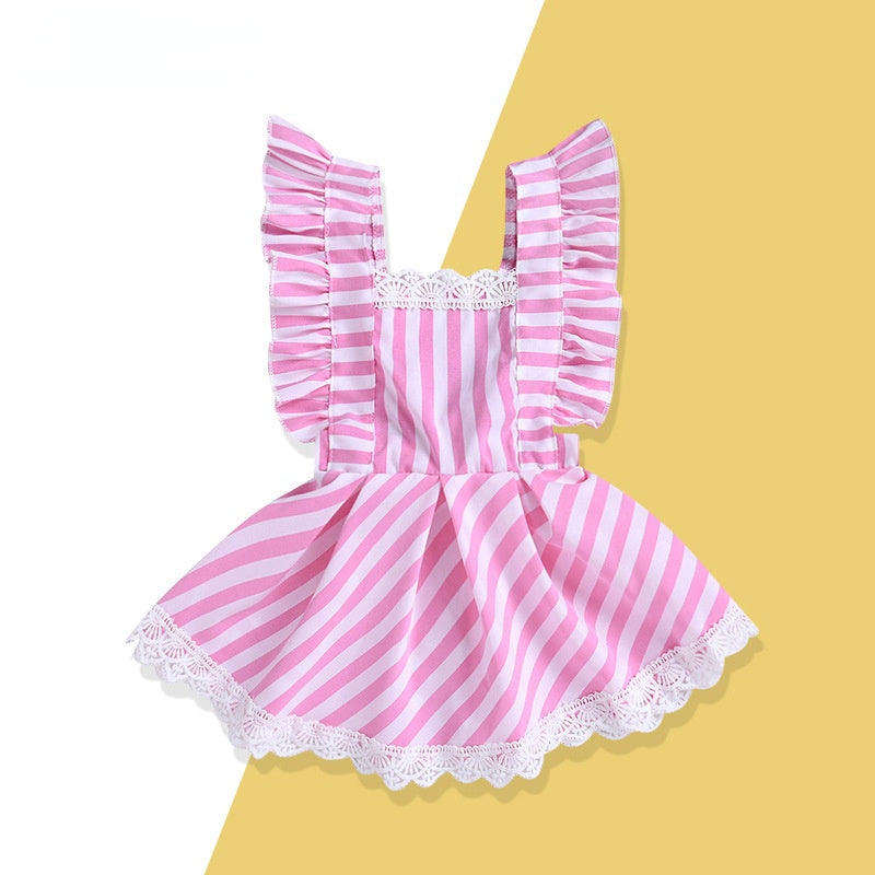 Toddler Kids Girls Summer Lace Backless Striped Pink Sleeveless Dress - PrettyKid