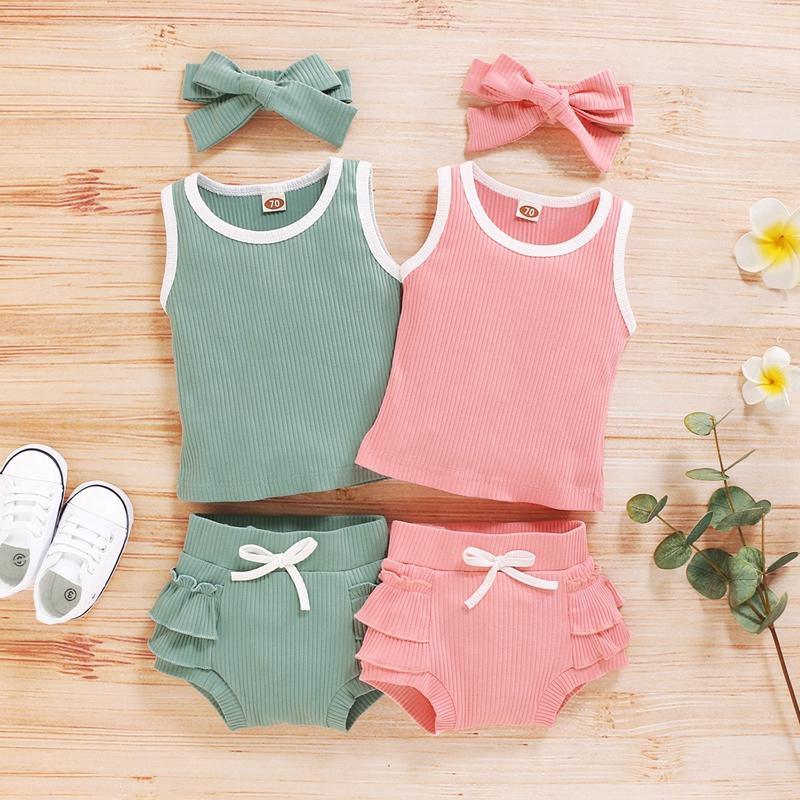 Solid Tank Top and Ruffled Shorts Set with Headband Wholesale children's clothing - PrettyKid