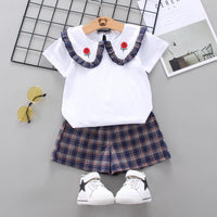 Toddler Girl Doll Collar T-shirt & Check A-line Shorts Wholesale Children's Clothing - PrettyKid