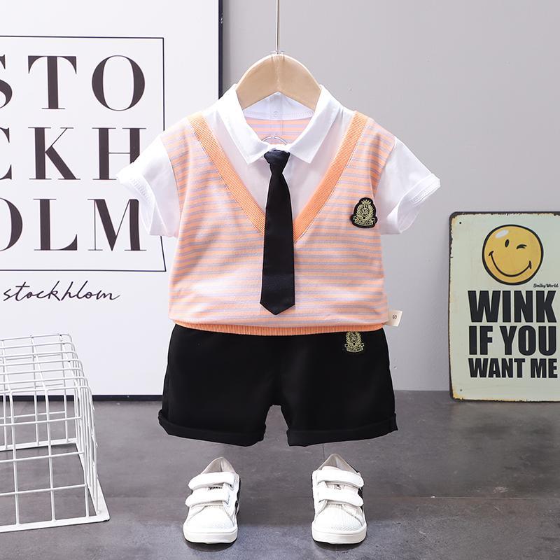 Toddler Boy Striped Print Tie Decor Shirt & Shorts - PrettyKid