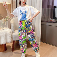 Girl Rabbit Pattern T-shirt & Cartoon Pattern Pants - PrettyKid