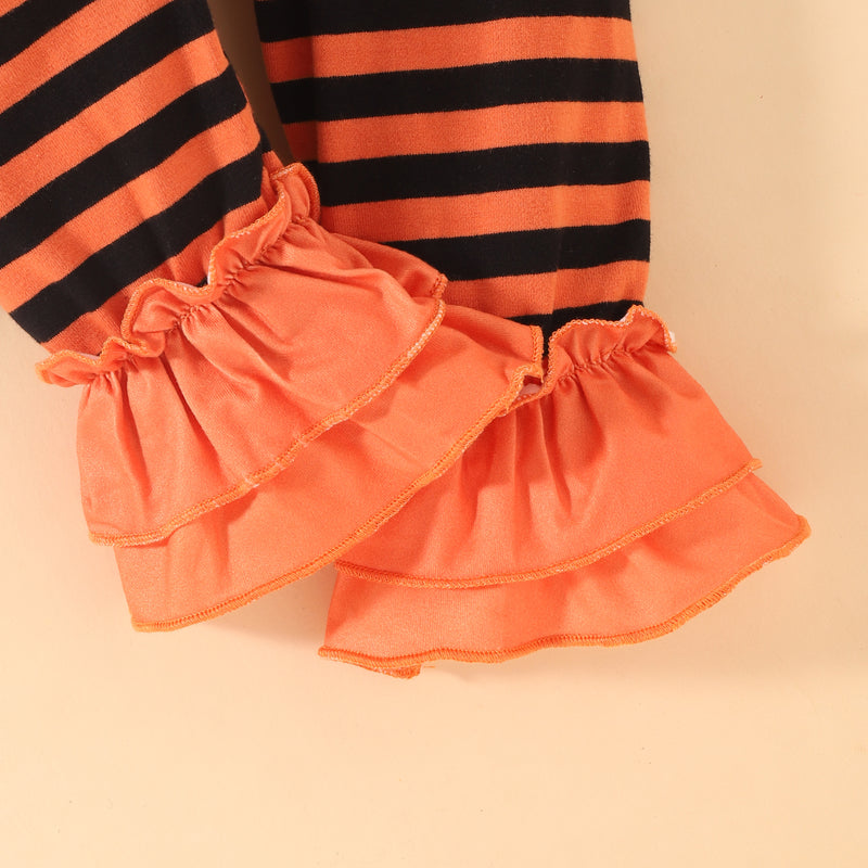 Toddler Girls Pumpkin Print Trumpet Long Sleeve Top Striped Pants Set - PrettyKid