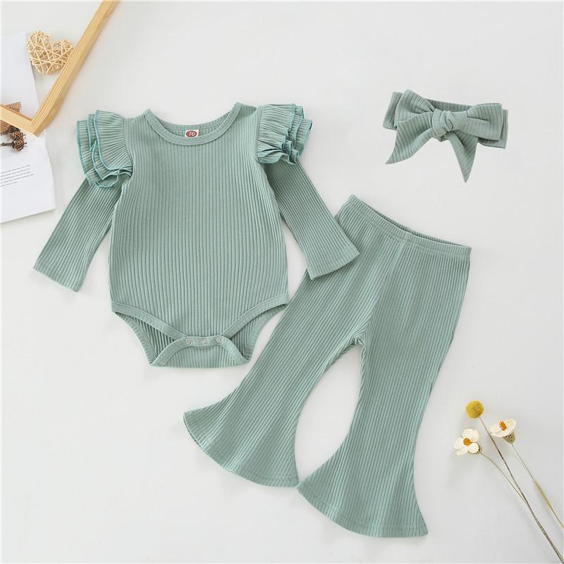 3-piece Solid Ruffle Bodysuit & Pants & Headband for Baby Girl Wholesale children's clothing - PrettyKid