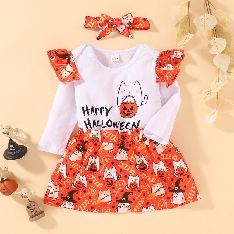 Toddler Girls Solid Color Long Sleeve Pumpkin Print Skirt and Scarf Three Piece Set - PrettyKid