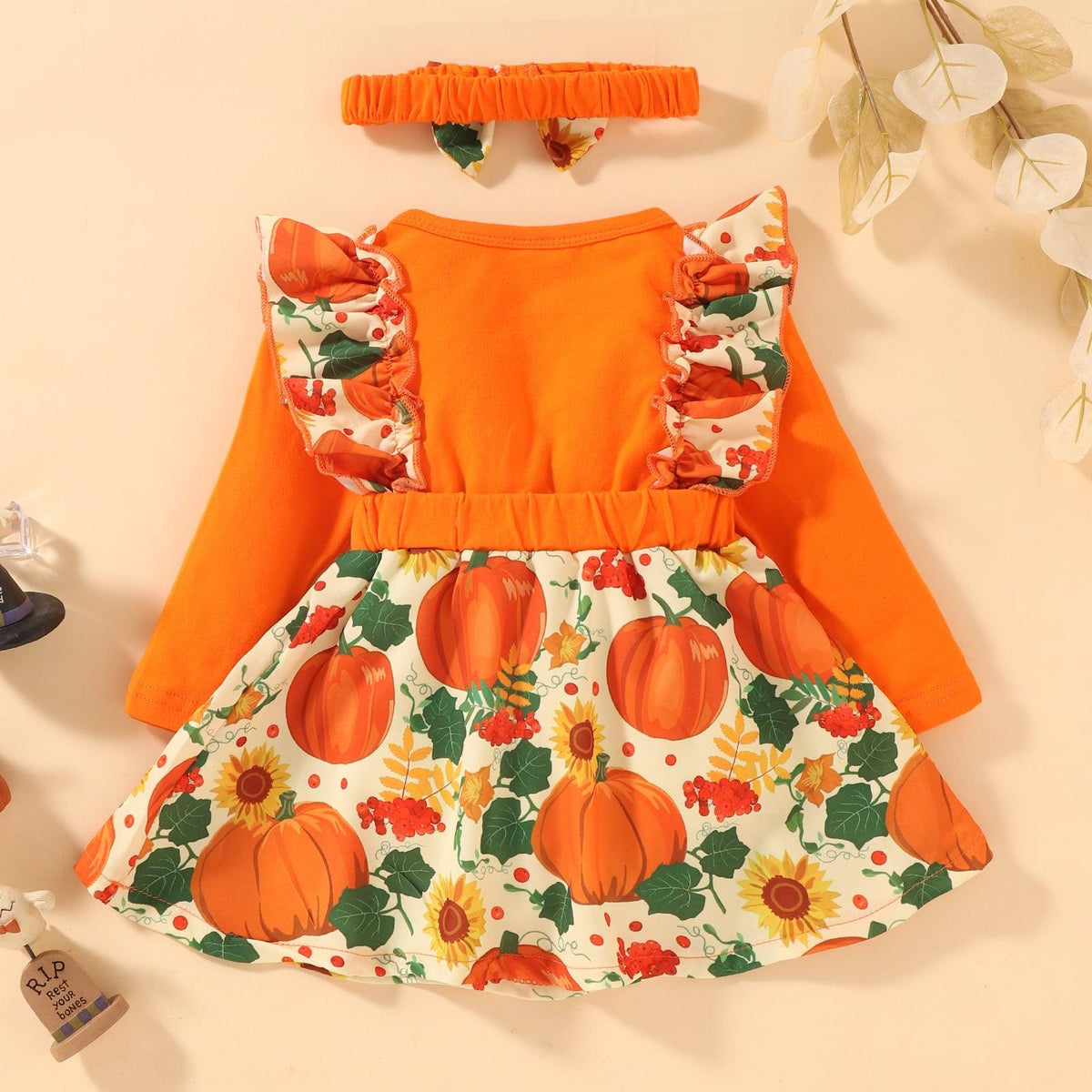 Toddler Girls Long Sleeve Pumpkin Print Dress Scarf Two Piece Set - PrettyKid