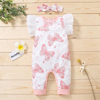 Baby Girl Butterfly Pattern Jumpsuit & Headband Children's Clothing - PrettyKid